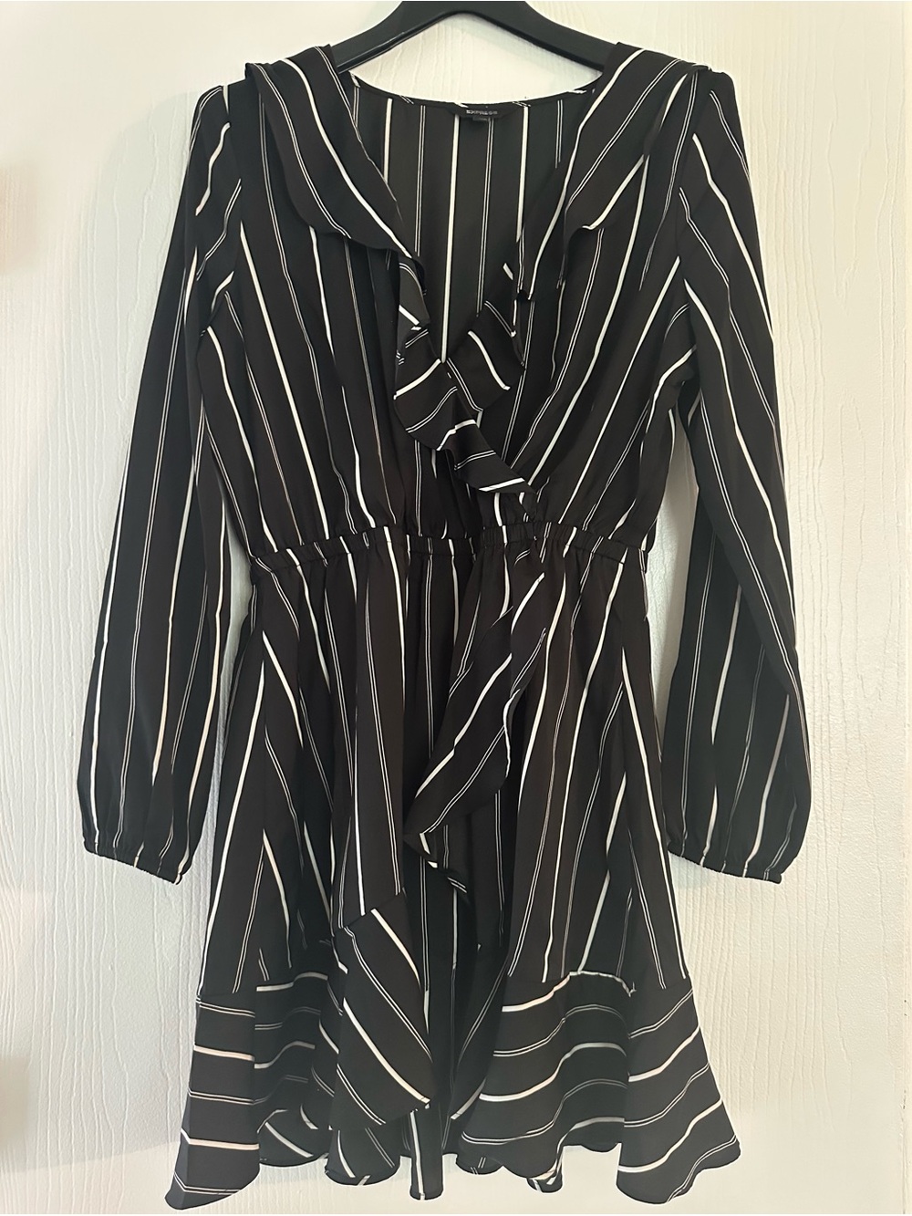 Express Women’s Size M Black Striped Long-Sleeve Wrap Dress
